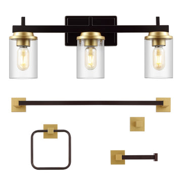 Liam 23.25" 3-Light Farmhouse Industrial Vanity Light with Bathroom Hardware Accessory Set - JONATHAN Y